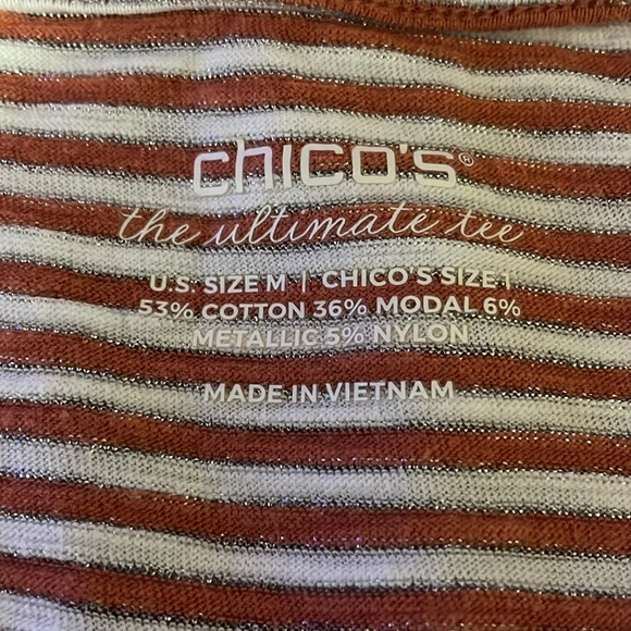 Chico's Melon, White & Shiny Silver Striped Short Sleeve The Ultimate Tee Medium - Picture 9 of 11